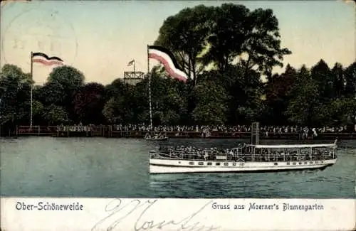 Ak Berlin Köpenick Oberschöneweide, Moerner's Blumengarten, Boot