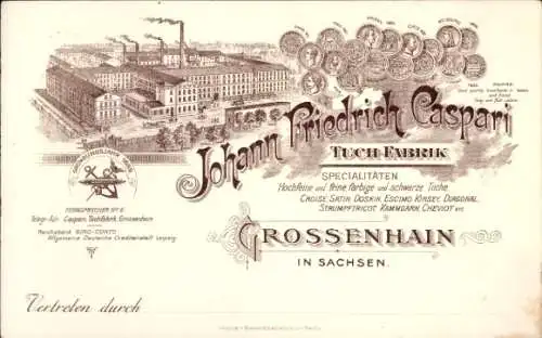 Litho Großenhain Sachsen, Werbung, Johann Friedrich Caspari, Tuch-Fabrik
