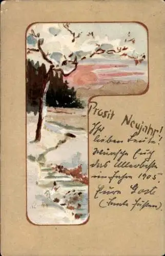 Künstler Ak Fröhliches Neujahr, Winterlandschaft