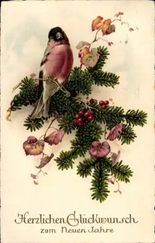 Ak Fröhliches Neujahr, Vogel auf einem Tannenzweig