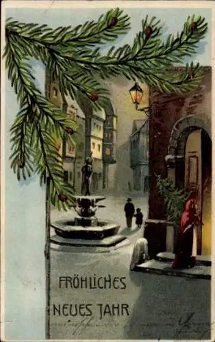 Präge Ak Fröhliches Neujahr, Straßenmotiv in einer Stadt, Tannenzweig
