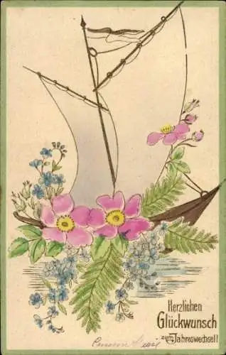 Präge Ak Fröhliches Neujahr, Segelboot mit Blumen geschmückt, Rosen, Vergissmeinnicht