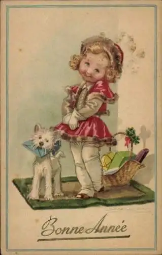 Künstler Ak Glückwunsch Neujahr, Mädchen mit Hund