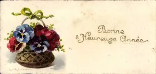 Künstler Ak Klein, C., Glückwunsch Neujahr, Blumenkorb, Stiefmütterchen
