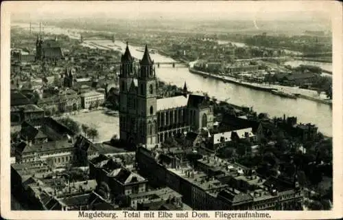 Ak Magdeburg an der Elbe, Totalansicht mit Elbe und Dom, Fliegeraufnahme