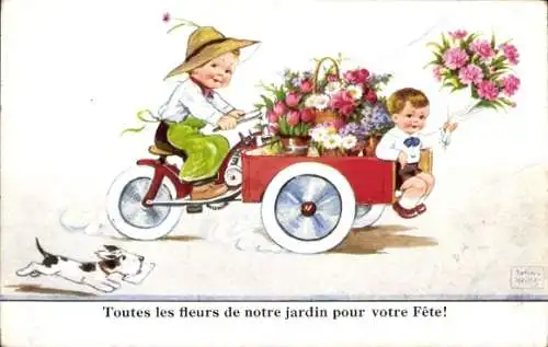 Künstler Ak Wills, John, Kinder auf einem Motorrad, Ladefläche, Blumen