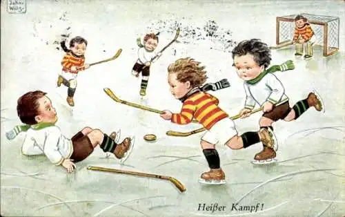 Künstler Ak Wills, John, Heißer Kampf, Kinder beim Eishockey