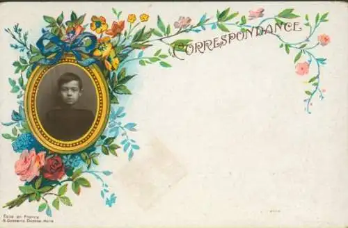 Ak Junge-Porträt, Blumen, Rosen, Vergissmeinnicht