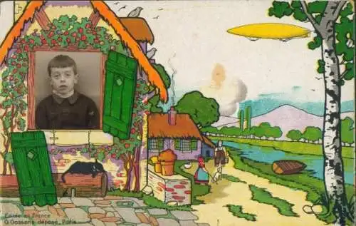 Ak Junge-Porträt, Wohnhaus, Fenster, Schlafende Katze, Birke