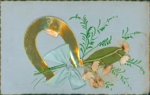 Stoff Ak Hufeisen, Blumen, Stoffschleife