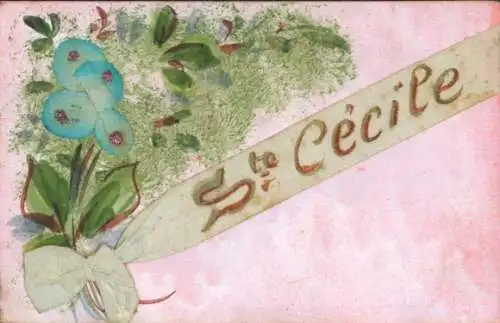 Stoff Ak Sankt Cecilie, Stoffschleife, Blumen, Kitsch