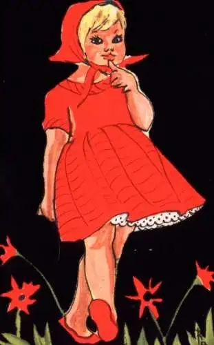 Künstler Ak Mädchen, Mohnblumen, rotes Kleid, Kopftuch