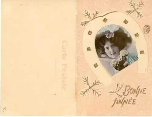 Präge Passepartout Ak Neujahr, Frau, Portrait, Hufeisen