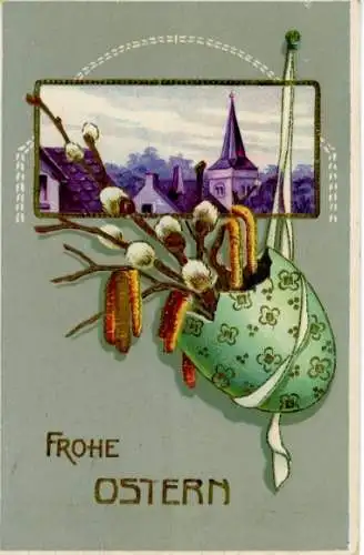 Glitzer Passepartout Ak Ostern, Kirche, Osterei, Weidenkätzchen