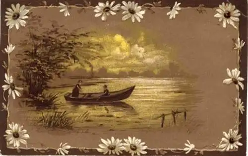Künstler Ak Idyll am See, Ruderboot, Margeriten