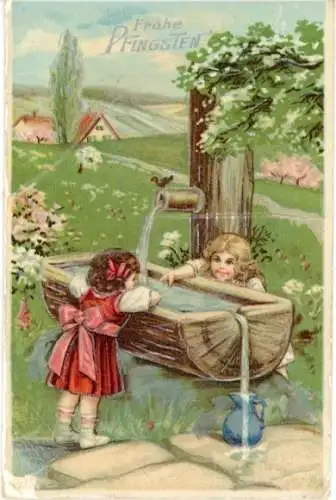 Litho Frohe Pfingsten, Kinder, Brunnen