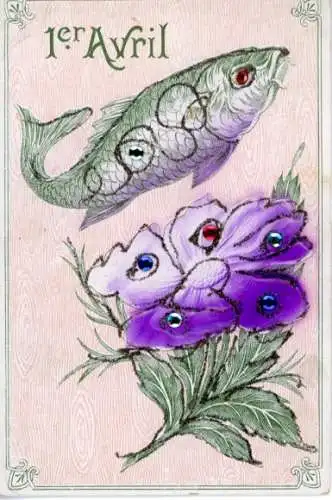 Präge Ak 1. April, Fisch, Blume