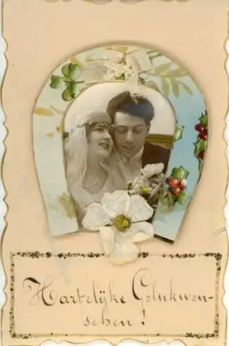 Passepartout Ak Glückwunsch zur Hochzeit, Ehepaar, Hufeisen