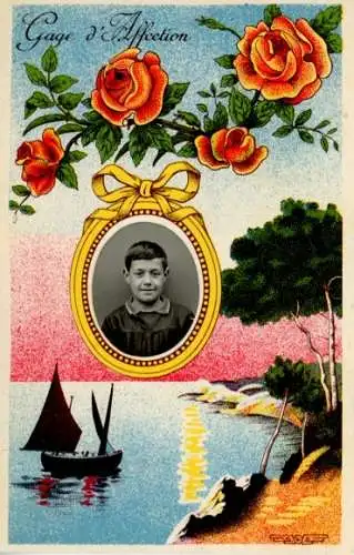 Passepartout Ak Junge, Portrait, Rosen