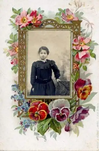 Passepartout Ak Mädchen, Portrait, Blumen