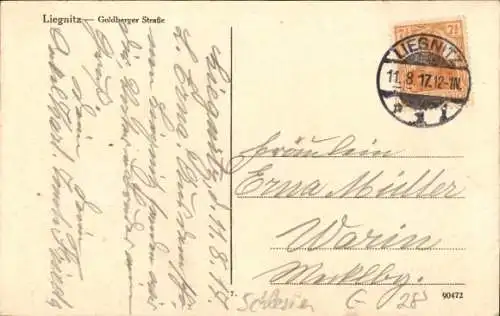 Ak Legnica Liegnitz Schlesien, Goldberger Straße, Straßenbahn, Geschäfte