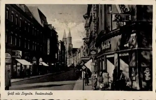 Ak Legnica Liegnitz Schlesien, Stadtansicht, Frauenstraße, Geschäfte, Kirchtürme