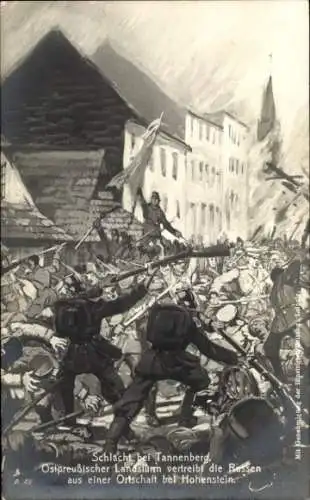 Ak Olsztynek Hohenstein Ostpreußen, Schlacht bei Tannenberg, Landsturm vertreibt Russen, I. WK