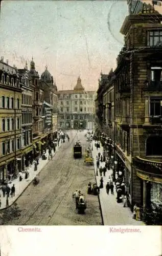 Ak Chemnitz in Sachsen, Farbenfrohe Ansicht der Königstrasse, historische Gebäude, Straßenbahnen