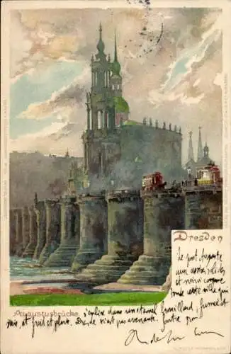 Ak Dresden Altstadt Friedrichstadt, Wasserturm, Augustusbrücke, historische Architektur, grüne...