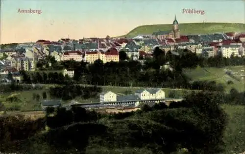 Ak Annaberg Buchholz Erzgebirge, Pöhlberg, Stadtansicht  Pöhlberg im Hintergrund, alte Archite...