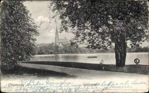 Ak Chemnitz in Sachsen, Schloss, Wasser, Bäume, Spazierweg, Kirche, Enten