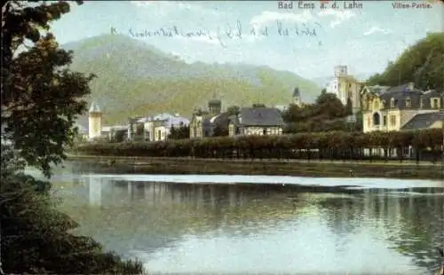 Ak Bad Ems an der Lahn, Bad Ems a. d. Lahn, Villen-Partie, Flusslandschaft, schöne Villen