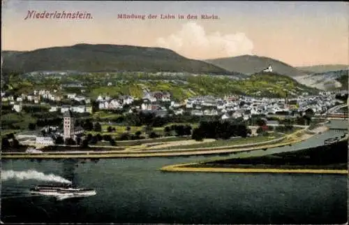 Ak Niederlahnstein Lahnstein am Rhein, Panoramablick auf die Mündung der Lahn in den Rhein,lan...