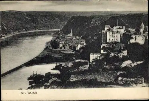 Ak St. Goar am Rhein, Schwarzweißaufnahme der Stadt  Rheinblick, Burgruine, Flusslandschaft