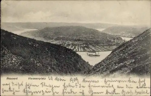 Ak Boppard am Rhein, Blick auf den Vierseenplatz, Landschaft mit Hügeln und Fluss, Dampfer