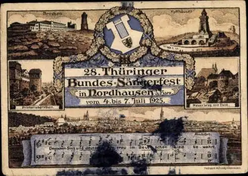 Ak Nordhausen am Harz, 28. Thüringer Bundes-Sängerfest, verschiedene Landschaften, Notenblatt