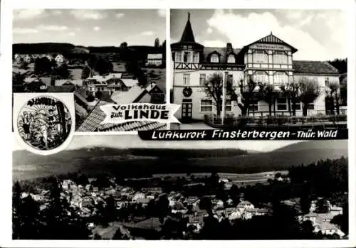 Ak Finsterbergen Friedrichroda im Thüringer Wald, Volkshaus zur Linde, Panorama vom Ort, Wappen