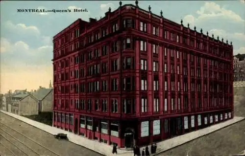 Ak Montreal Québec Kanada, Queen's Hotel, rotes Gebäude, Straßenansicht, historische Architektur