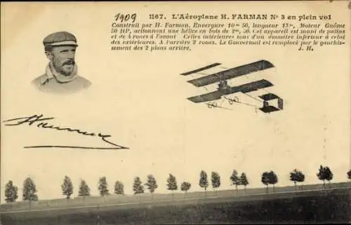 Ak Flugzeug Henri Farman No. 3 in der Luft, Portrait