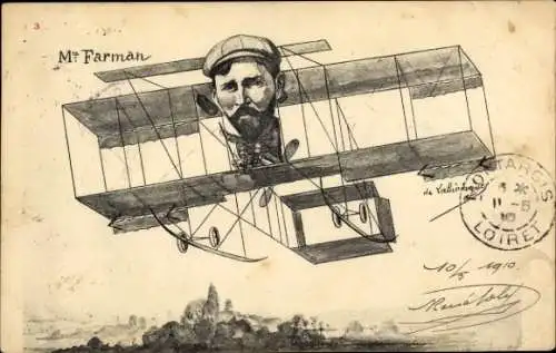 Ak Flugpionier Henri Farman in seinem Flugzeug, Karikatur