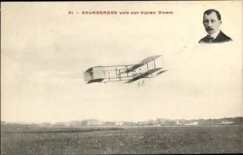 Ak Delagrange fliegt im Doppeldecker Voisin, Porträt