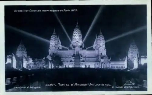 Ak Angkor Wat Kambodscha, Nachtansicht des Angkor Wat mit Lichtern, Exposition Coloniale Inter...