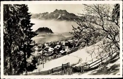 Ak Leysin Kanton Waadt, Schneelandschaft, Berge, Dörfer, Bäume, Nebel
