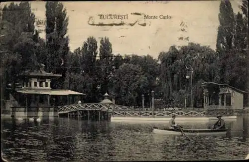 Ak București Bukarest Rumänien, București Monte Carlo, Boot auf Wasser, Ufer, Bäume