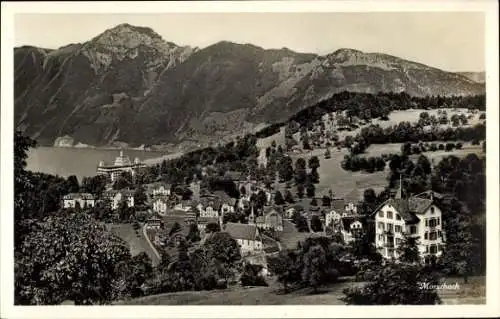 Ak Morschach Kt Schwyz Schweiz, Berglandschaft, Häuser, See, Wälder, Berge