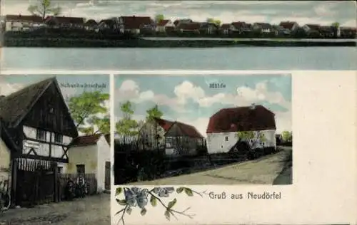 Ak Neudörfel Räckelwitz Oberlausitz, Gesamtansicht, Schankwirtschaft, Mühle