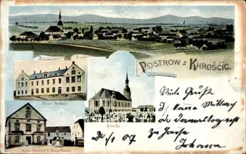 Ak Crostwitz in der Oberlausitz, Gesamtansicht, Neue Schule, Kirche, Kaufhaus Seb. Saring