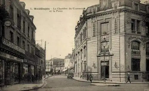 Ak Montluçon Allier, 1.  La Chambre du Commerce, die Post,  Architektur, Straßenszene