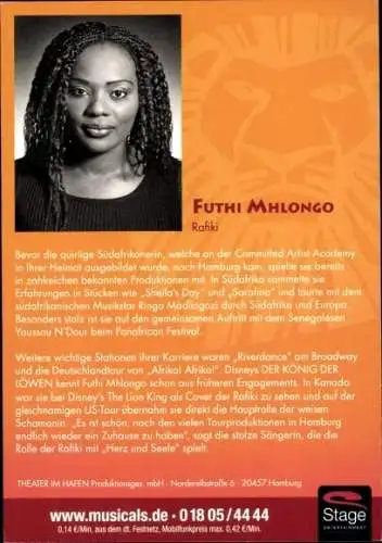 Ak Musicaldarstellerin Futhi Mhlongo, Portrait, König der Löwen, Autogramm