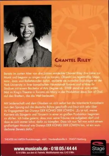 Ak Musicaldarstellerin Chantel Riley, Portrait, König der Löwen, Autogramm